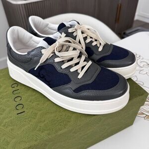 Gucci Men's Gray & Navy Chunky Low-Top Sneakers Jumbo GG Canvas with Leather 9.5